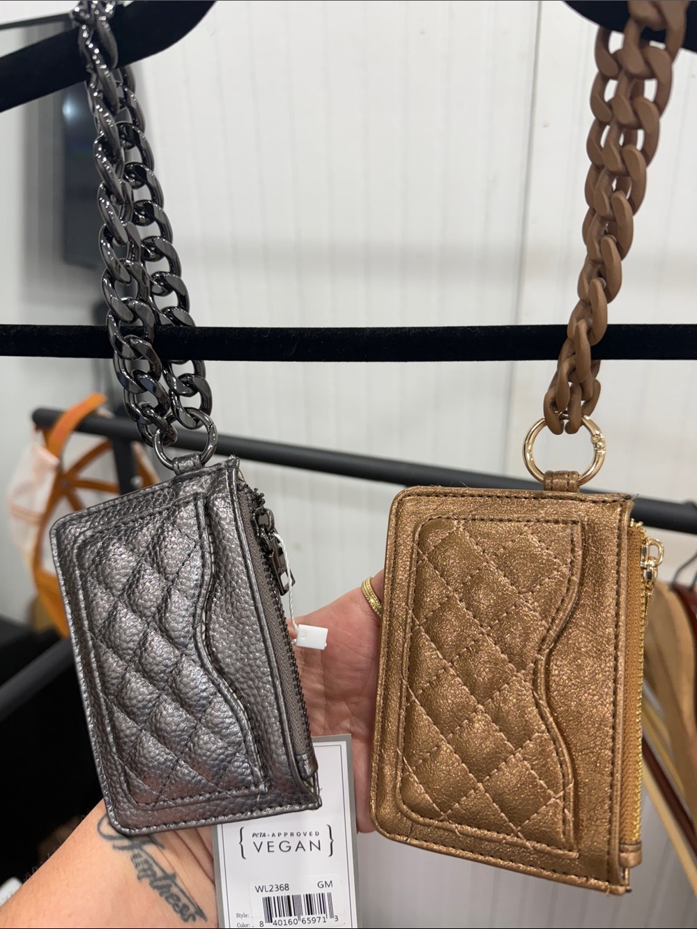 NWT Jen & Co Vegan Quilted Metallic Key & Card Holder - Gunmetal and Bronze